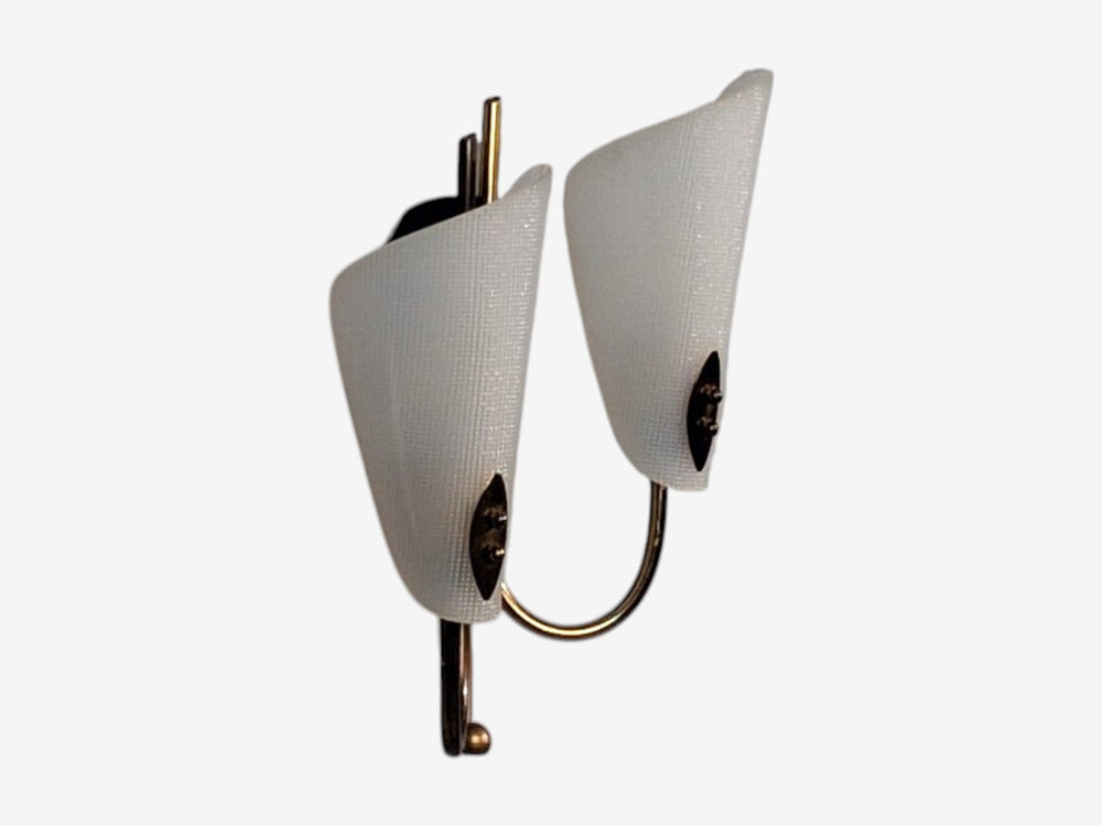 Swedish Modern, Double Wall Sconce, Brass, Textured Glass, Sweden, 1950s