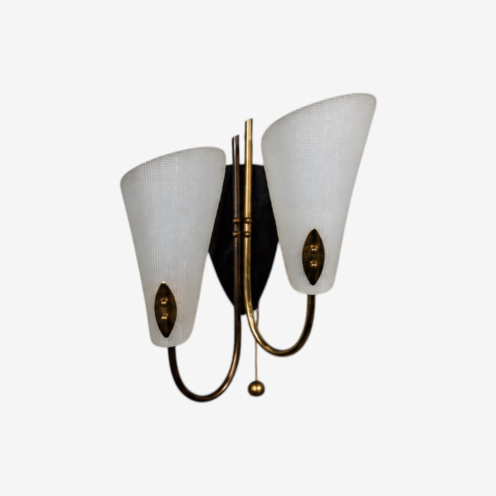 Swedish Modern, Double Wall Sconce, Brass, Textured Glass, Sweden, 1950s