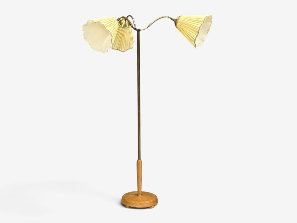 Swedish Modern, Adjustable Floor Lamp, Birch, Brass, Silk, Sweden, 1950s