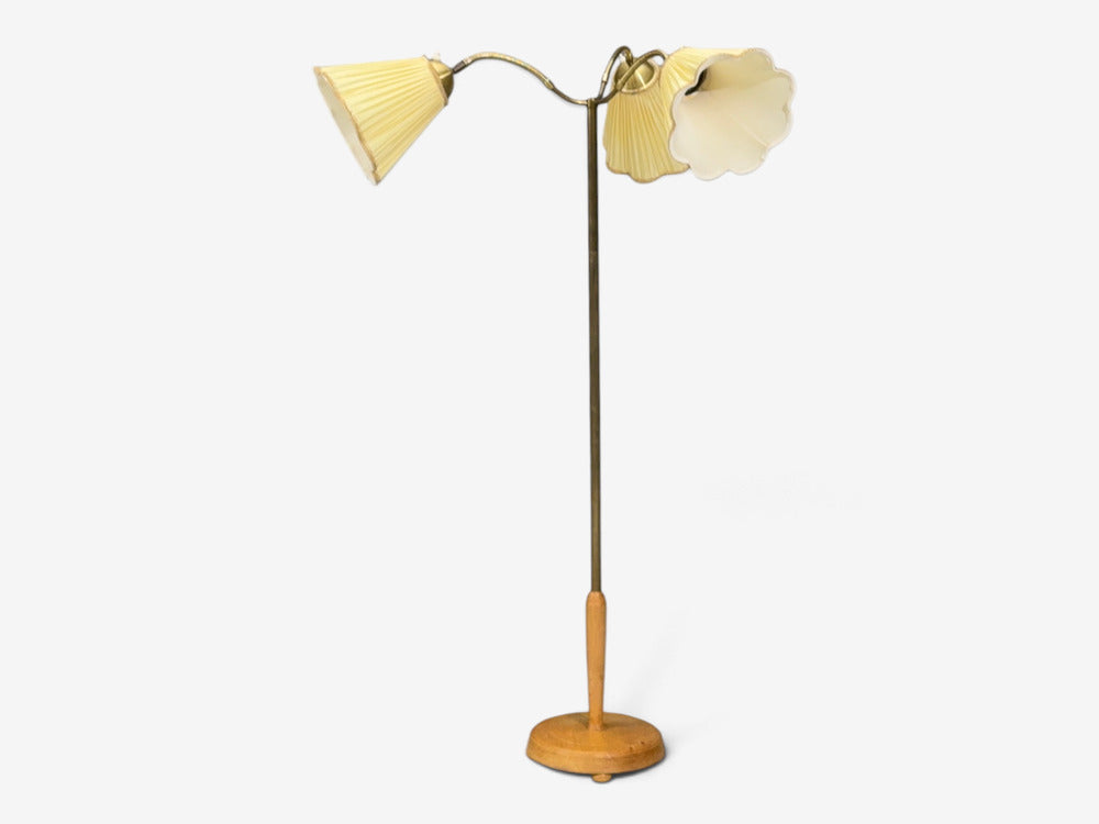 Swedish Modern, Adjustable Floor Lamp, Birch, Brass, Silk, Sweden, 1950s