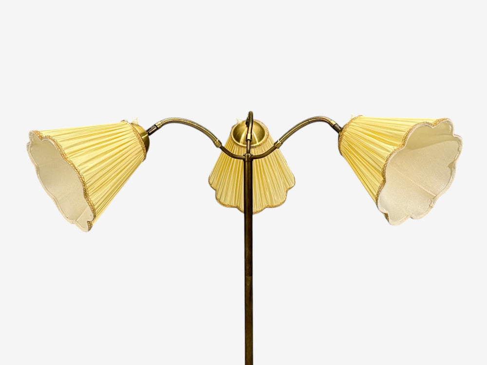 Swedish Modern, Adjustable Floor Lamp, Birch, Brass, Silk, Sweden, 1950s