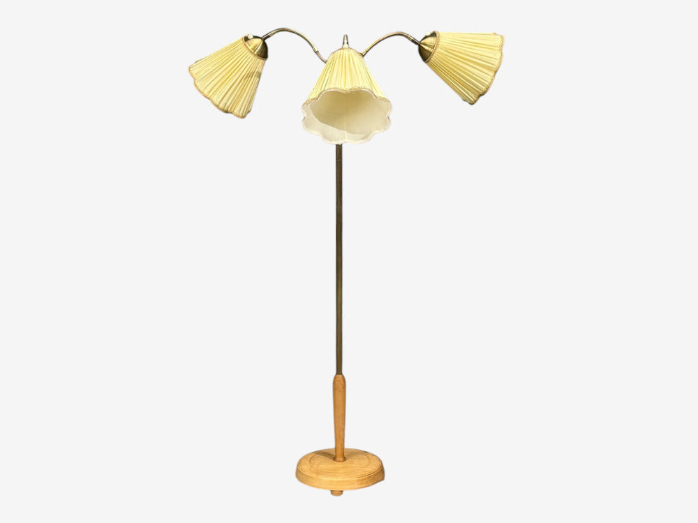 Swedish Modern, Adjustable Floor Lamp, Birch, Brass, Silk, Sweden, 1950s