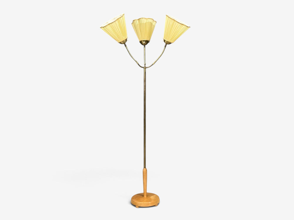 Swedish Modern, Adjustable Floor Lamp, Birch, Brass, Silk, Sweden, 1950s