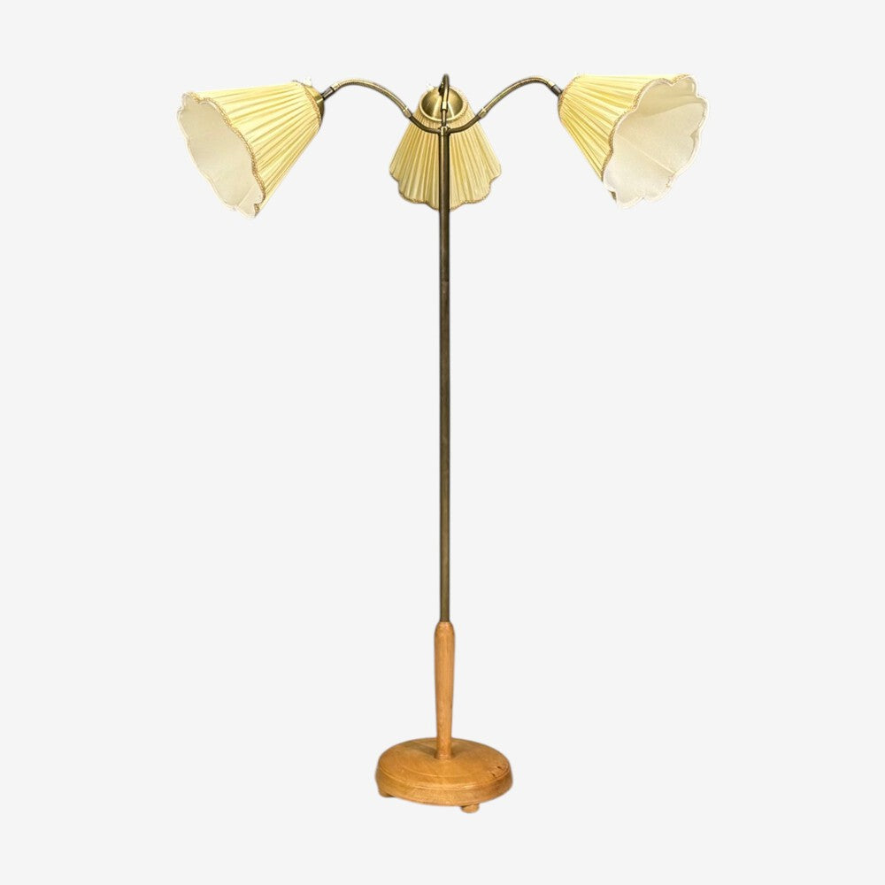 Swedish Modern, Adjustable Floor Lamp, Birch, Brass, Silk, Sweden, 1950s