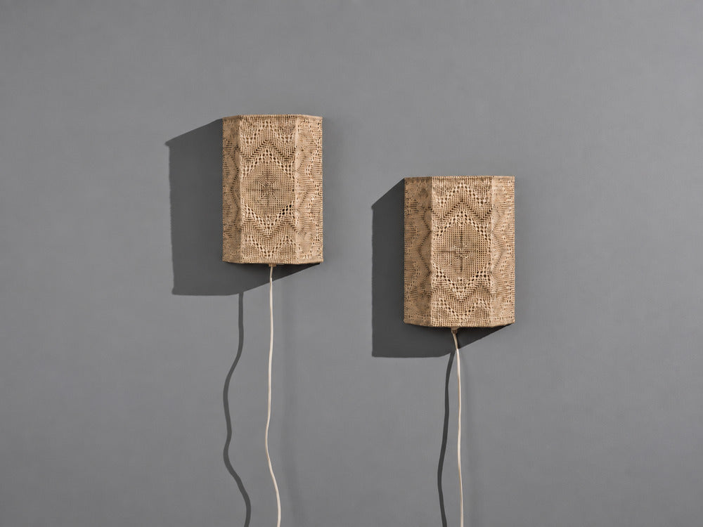 Swedish Modern, Wall Sconces, Beige and White Crocheted Fabric, Sweden, 1970s