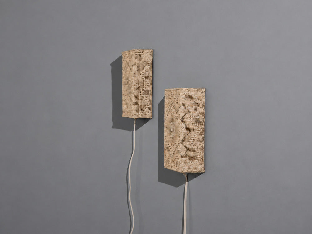 Swedish Modern, Wall Sconces, Beige and White Crocheted Fabric, Sweden, 1970s