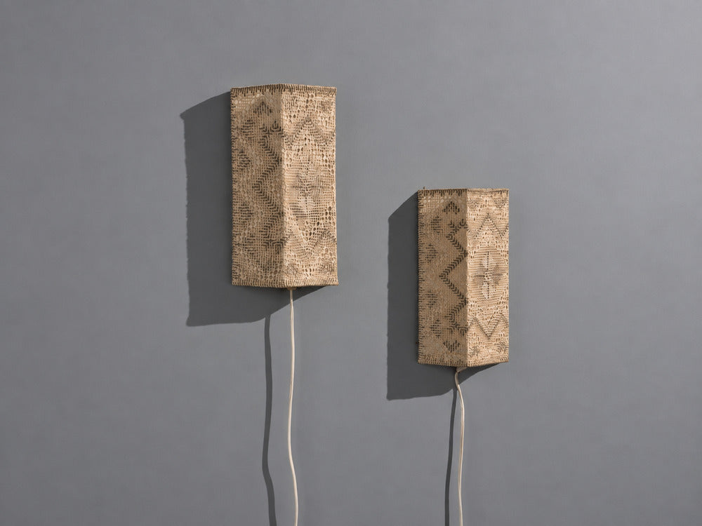Swedish Modern, Wall Sconces, Beige and White Crocheted Fabric, Sweden, 1970s