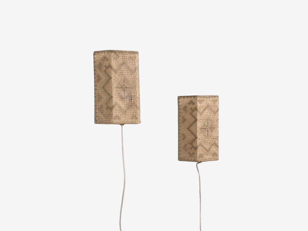 Swedish Modern, Wall Sconces, Beige and White Crocheted Fabric, Sweden, 1970s