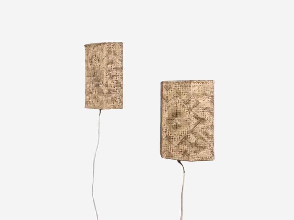 Swedish Modern, Wall Sconces, Beige and White Crocheted Fabric, Sweden, 1970s