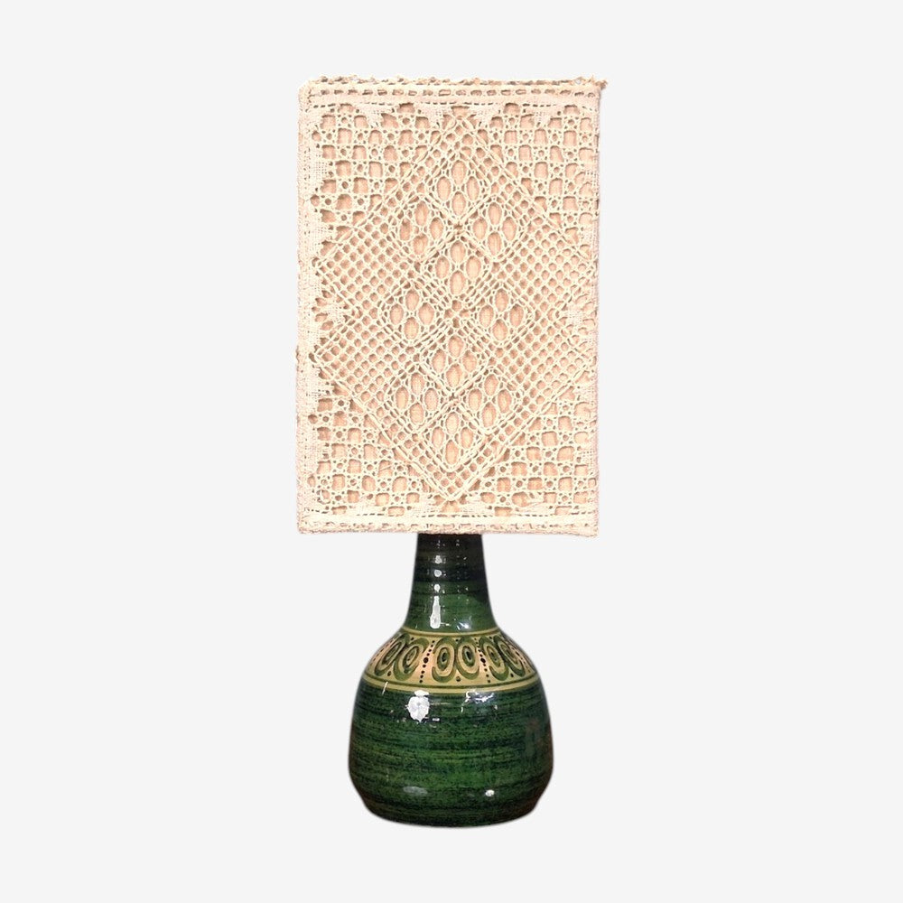 Swedish Modern, Table Lamp, Green Glazed Stoneware, Crochet Shade, Sweden, 1976
