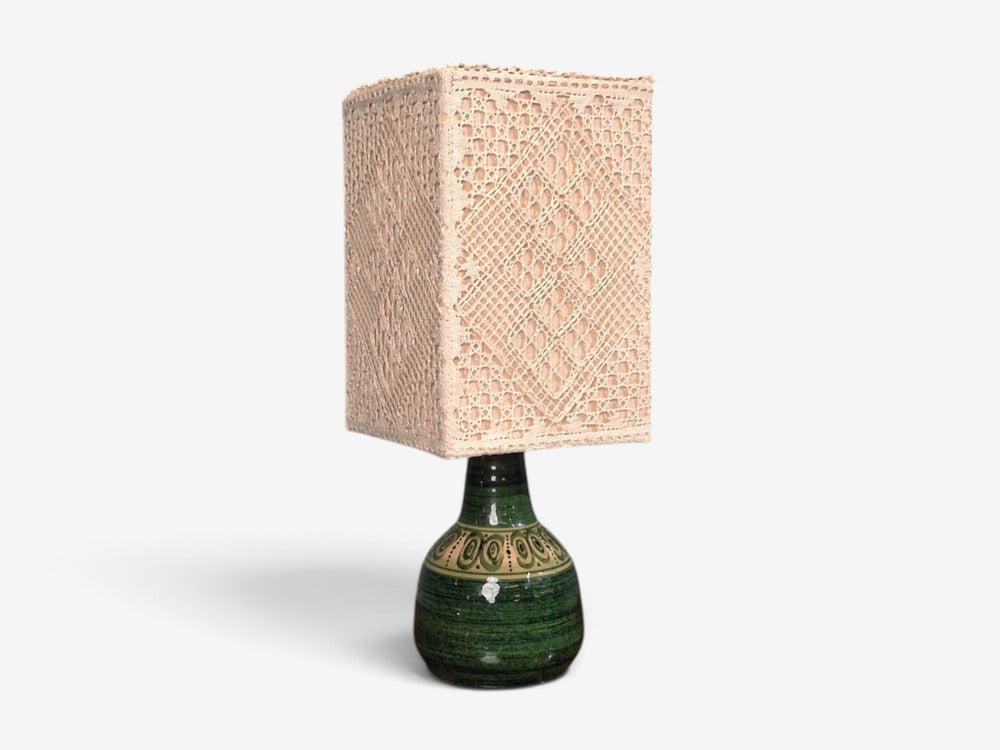Swedish Modern, Table Lamp, Green Glazed Stoneware, Crochet Shade, Sweden, 1976