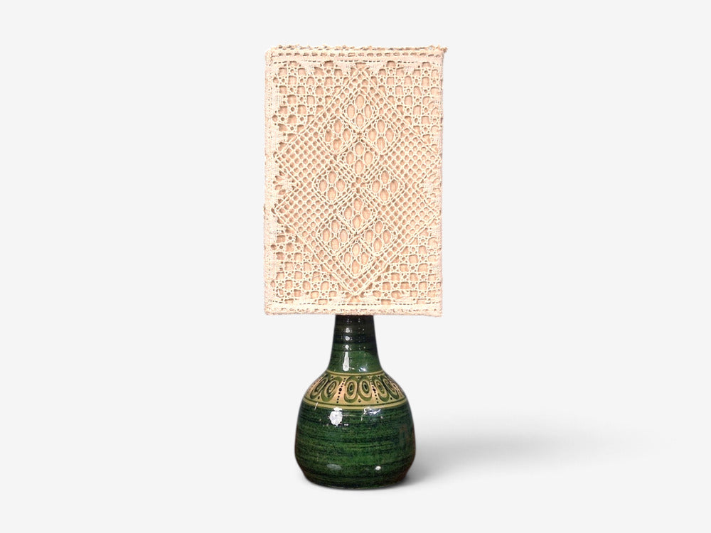Swedish Modern, Table Lamp, Green Glazed Stoneware, Crochet Shade, Sweden, 1976