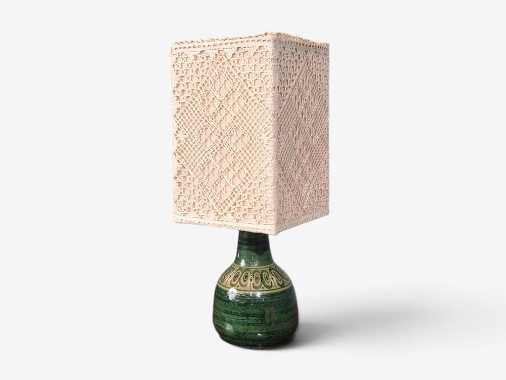 Swedish Modern, Table Lamp, Green Glazed Stoneware, Crochet Shade, Sweden, 1976