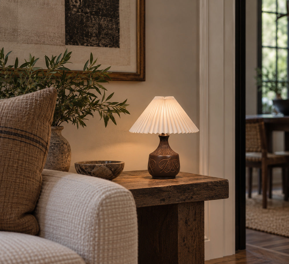Bromølle Keramik, Leaf Table Lamp, Brown Stoneware, Denmark, 1960s