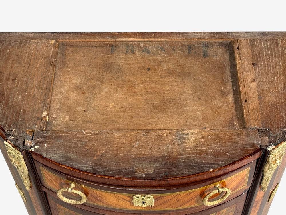 Louis XVI, Diminutive Demilune Commodes, Inlaid Wood, Bronze, France, 19th c.