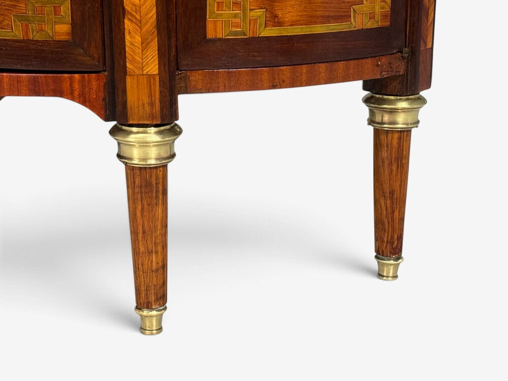 Louis XVI, Diminutive Demilune Commodes, Inlaid Wood, Bronze, France, 19th c.