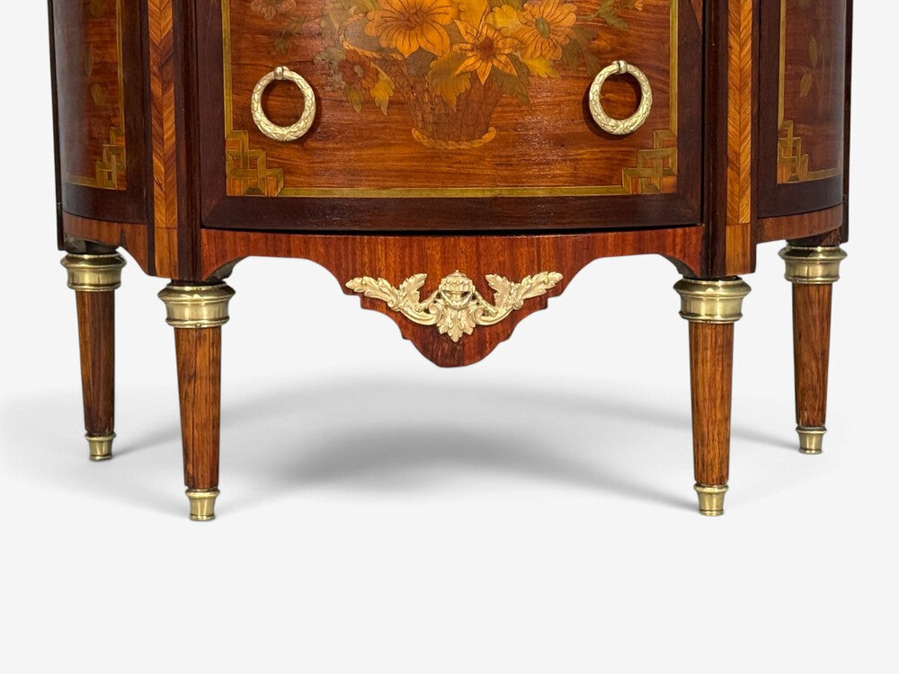 Louis XVI, Diminutive Demilune Commodes, Inlaid Wood, Bronze, France, 19th c.