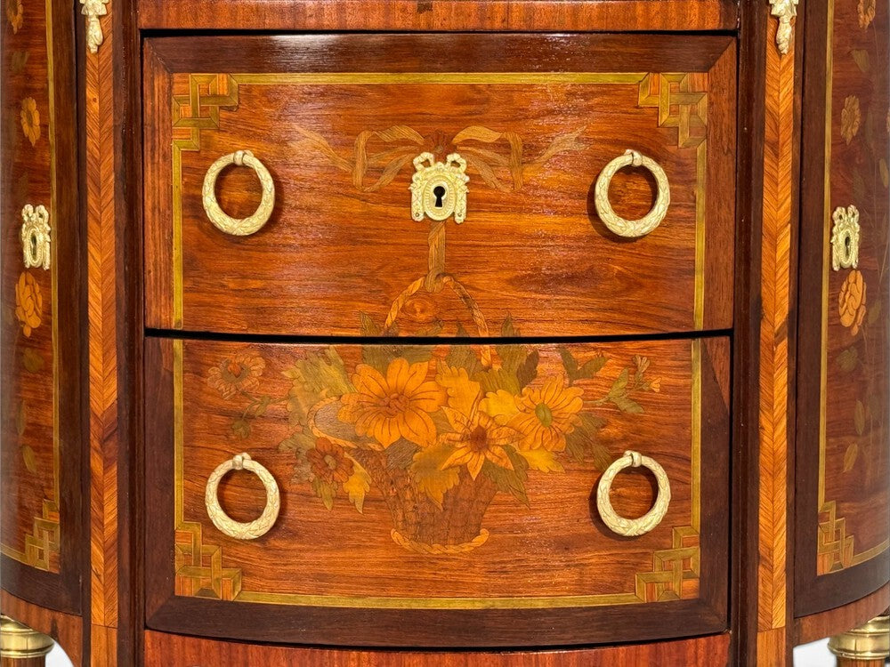 Louis XVI, Diminutive Demilune Commodes, Inlaid Wood, Bronze, France, 19th c.