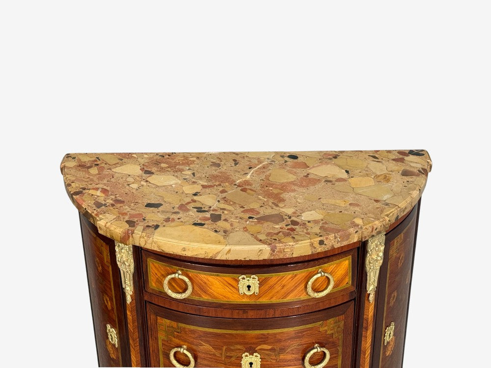 Louis XVI, Diminutive Demilune Commodes, Inlaid Wood, Bronze, France, 19th c.