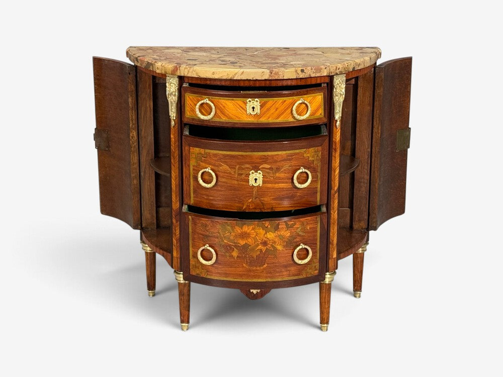 Louis XVI, Diminutive Demilune Commodes, Inlaid Wood, Bronze, France, 19th c.