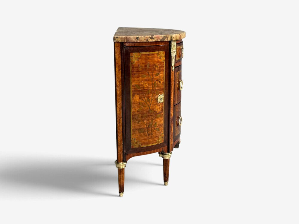 Louis XVI, Diminutive Demilune Commodes, Inlaid Wood, Bronze, France, 19th c.