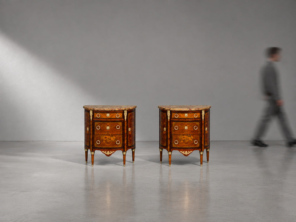 Louis XVI, Diminutive Demilune Commodes, Inlaid Wood, Bronze, France, 19th c.