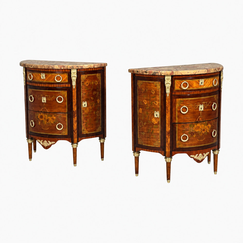 Louis XVI, Diminutive Demilune Commodes, Inlaid Wood, Bronze, France, 19th c.