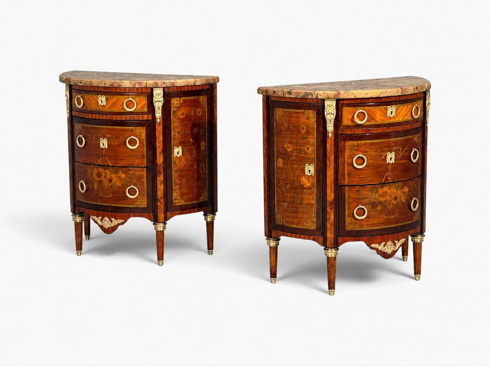 Louis XVI, Diminutive Demilune Commodes, Inlaid Wood, Bronze, France, 19th c.
