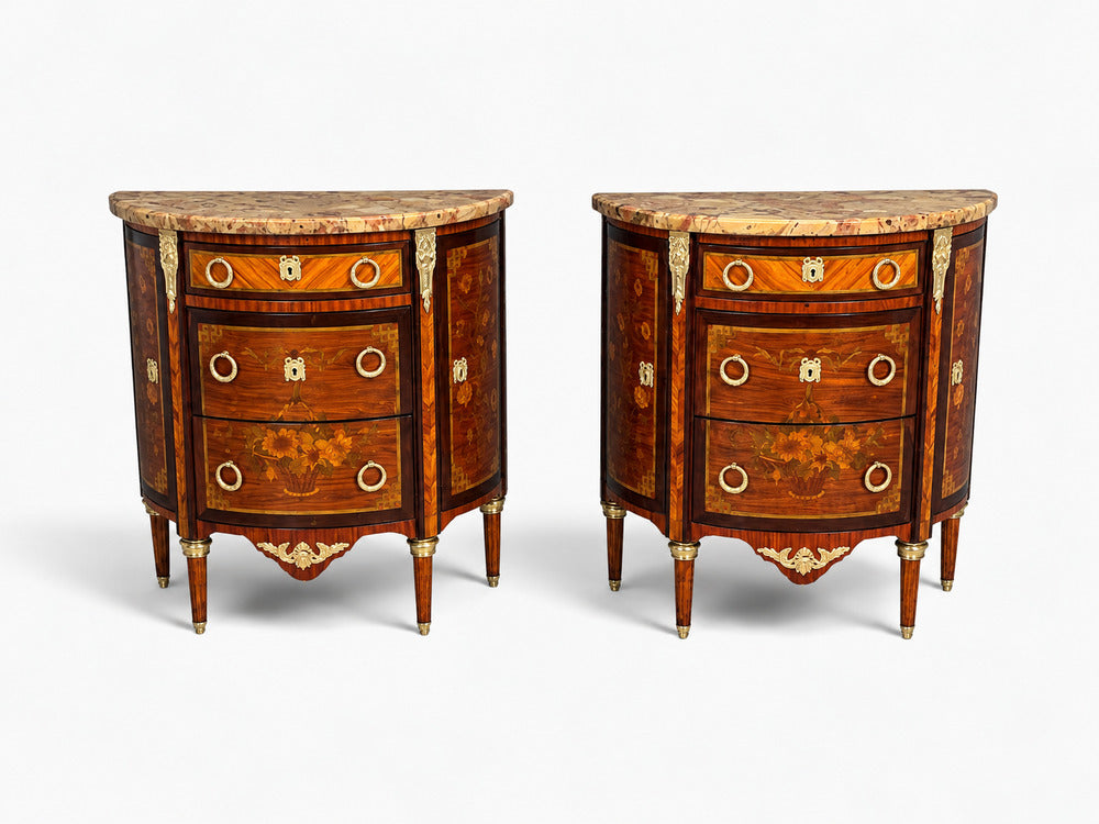 Louis XVI, Diminutive Demilune Commodes, Inlaid Wood, Bronze, France, 19th c.