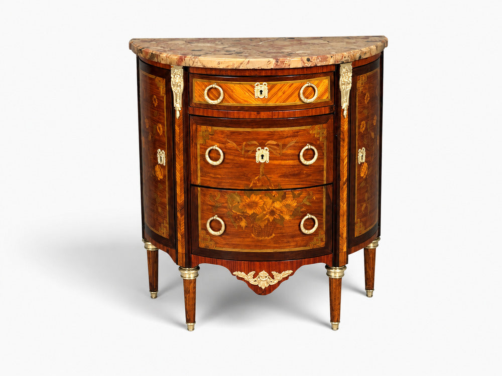 Louis XVI, Diminutive Demilune Commodes, Inlaid Wood, Bronze, France, 19th c.