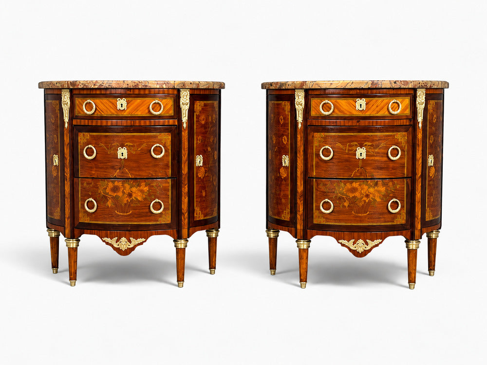 Louis XVI, Diminutive Demilune Commodes, Inlaid Wood, Bronze, France, 19th c.