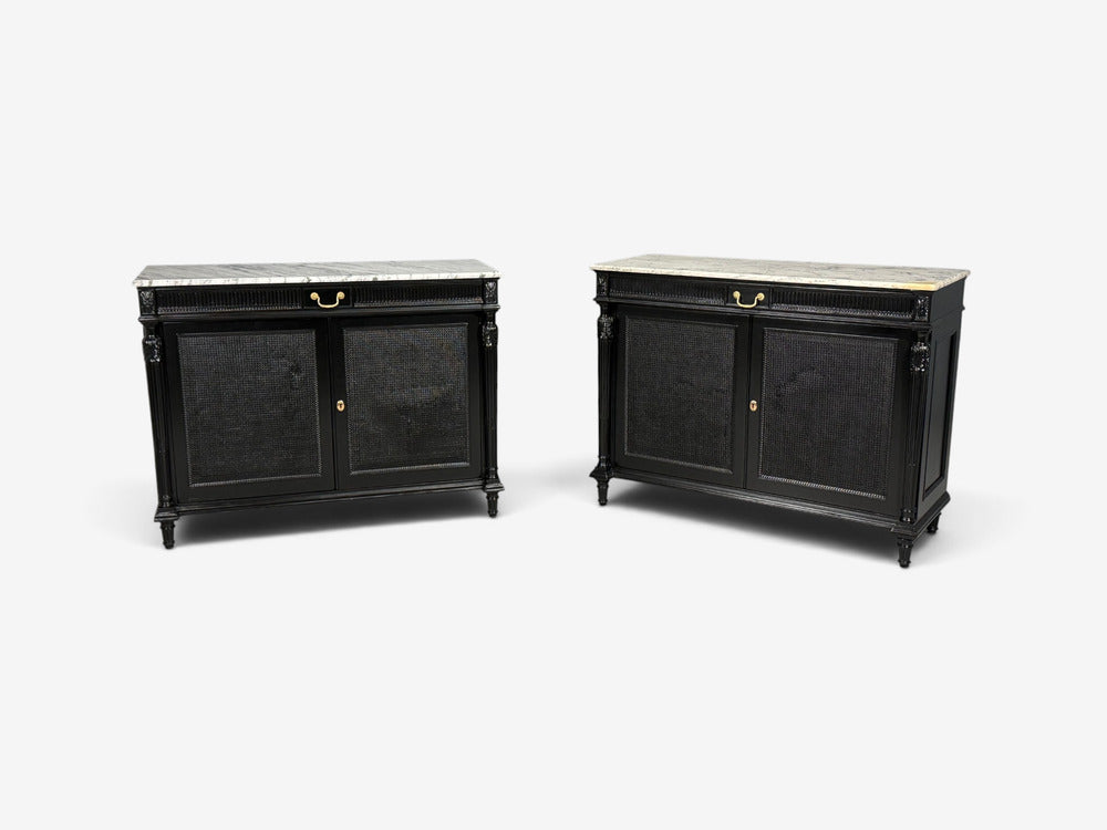 Hollywood Regency Style, Buffets, Black Painted Wood, Marble, France, 1940s