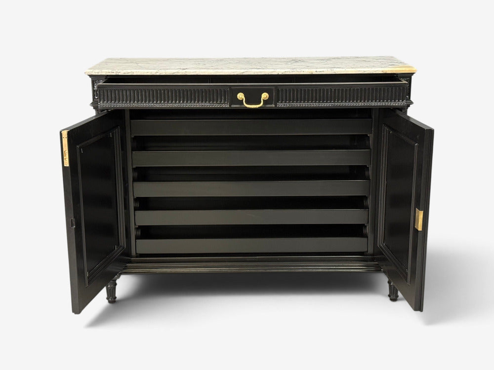 Hollywood Regency Style, Buffets, Black Painted Wood, Marble, France, 1940s