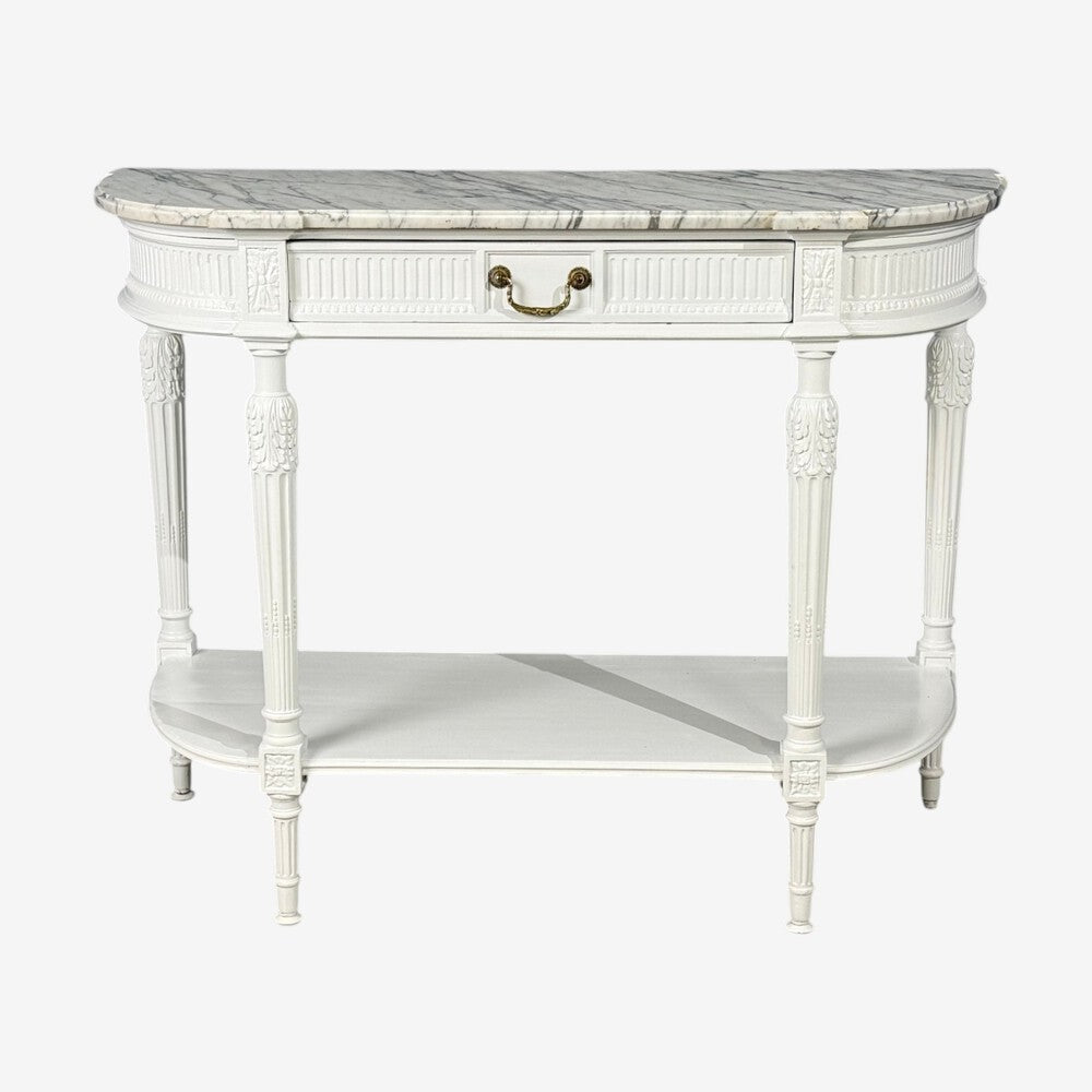 Louis XVI Style, White Demilune Console Table, Wood, Marble, France, 1960s