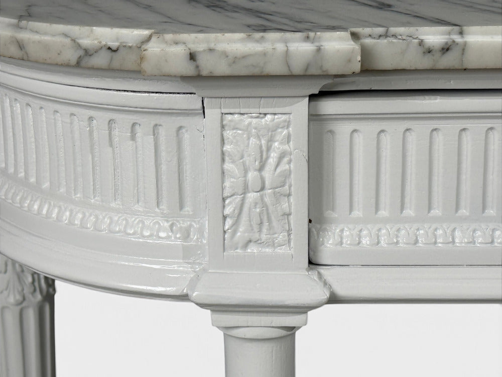 Louis XVI Style, White Demilune Console Table, Wood, Marble, France, 1960s