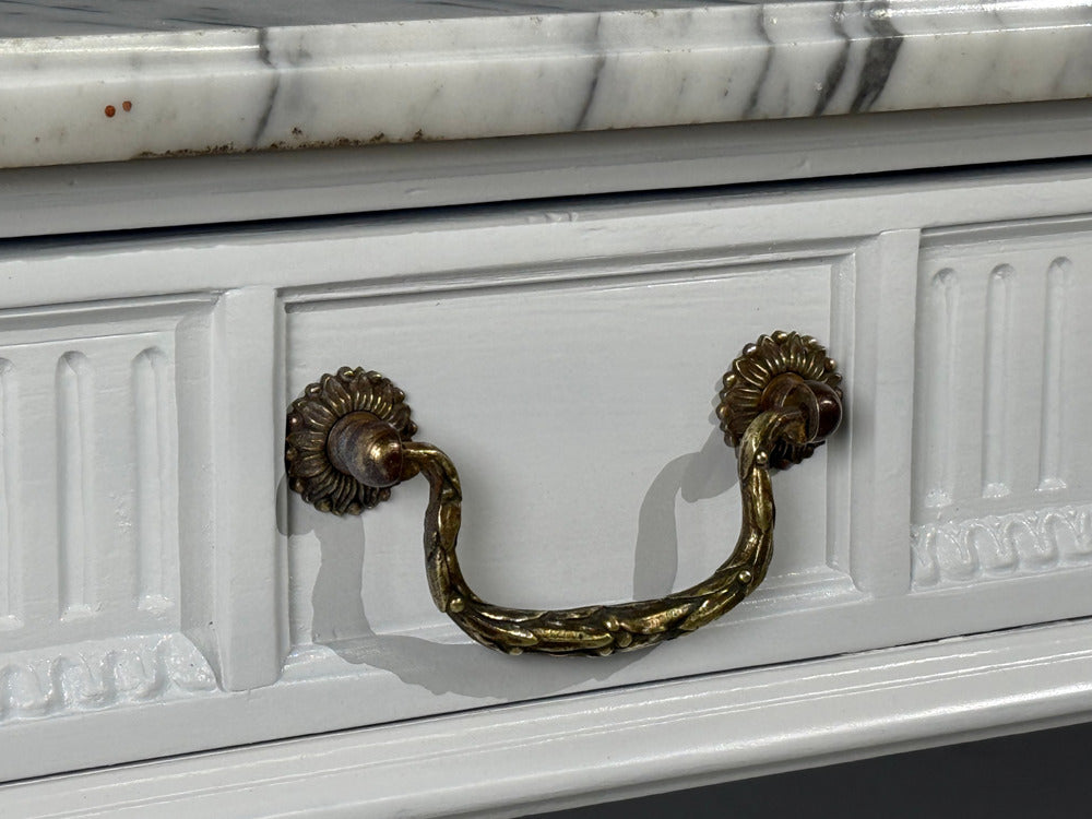 Louis XVI Style, White Demilune Console Table, Wood, Marble, France, 1960s