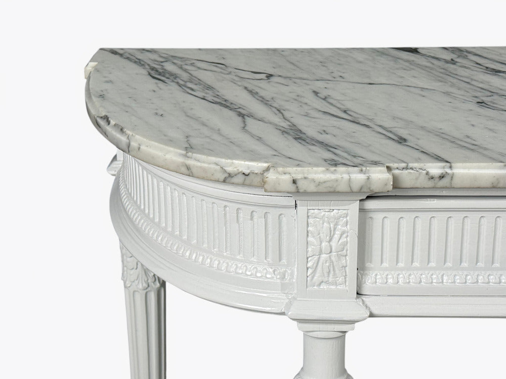 Louis XVI Style, White Demilune Console Table, Wood, Marble, France, 1960s