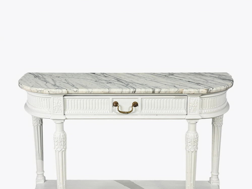 Louis XVI Style, White Demilune Console Table, Wood, Marble, France, 1960s