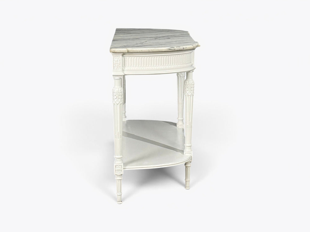 Louis XVI Style, White Demilune Console Table, Wood, Marble, France, 1960s