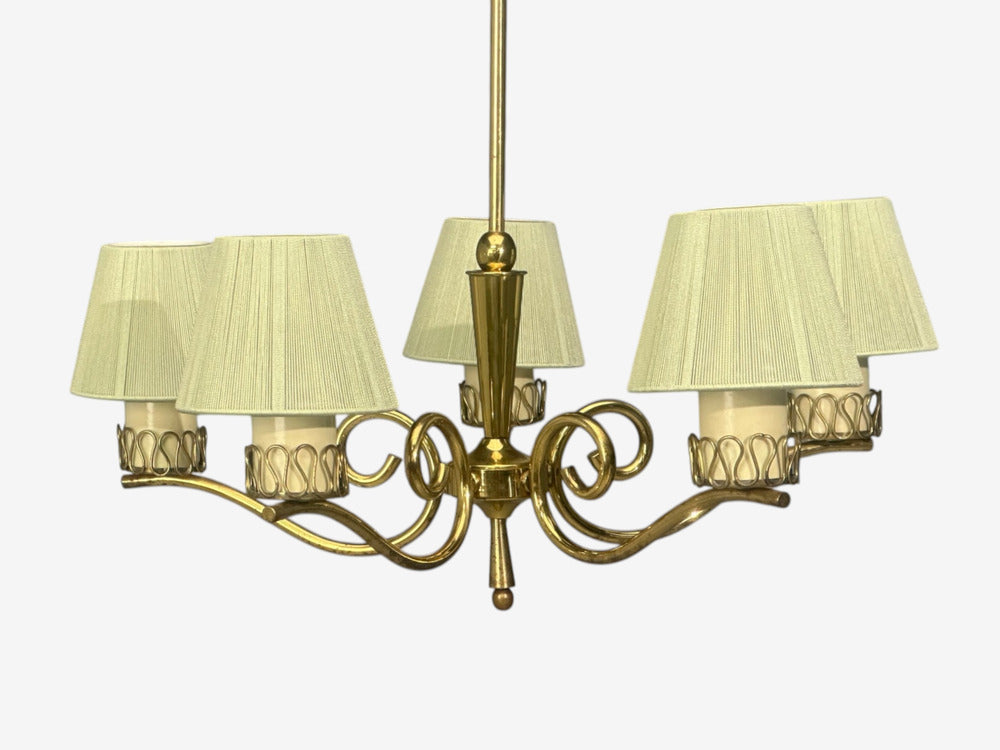 Danish Modern, Chandelier, Patinated Brass, Denmark, 1950s