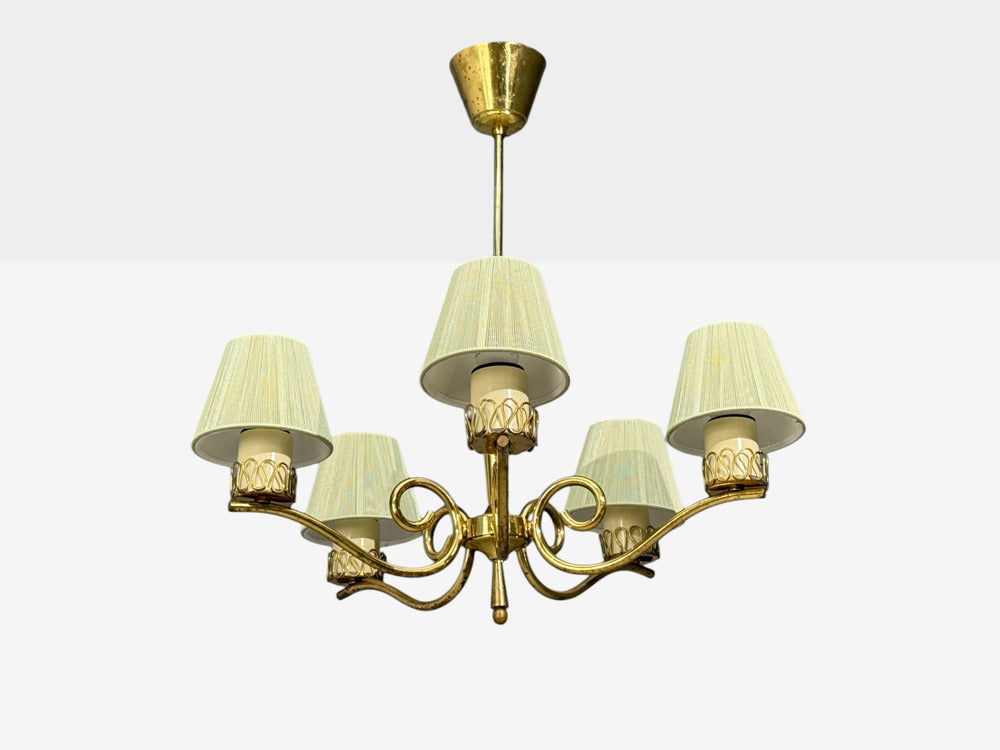 Danish Modern, Chandelier, Patinated Brass, Denmark, 1950s