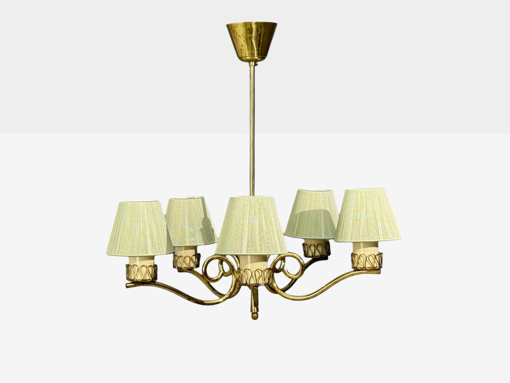 Danish Modern, Chandelier, Patinated Brass, Denmark, 1950s