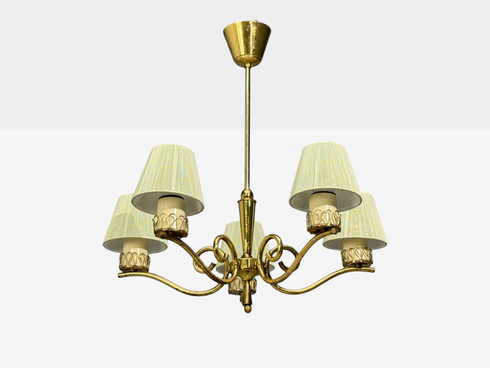 Danish Modern, Chandelier, Patinated Brass, Denmark, 1950s