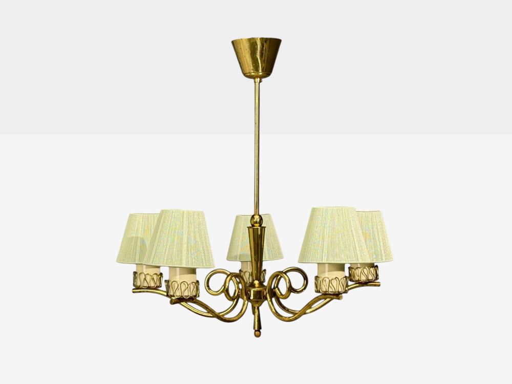 Danish Modern, Chandelier, Patinated Brass, Denmark, 1950s
