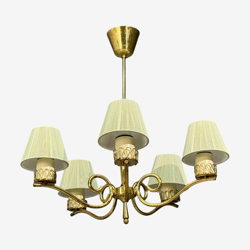 Danish Modern, Chandelier, Patinated Brass, Denmark, 1950s