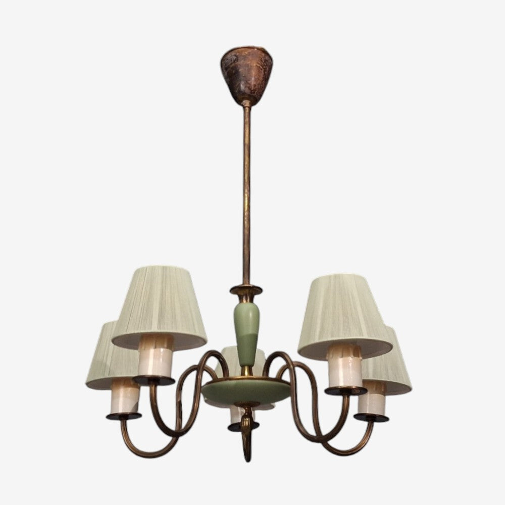 Nordiska Kompaniet, Chandelier, Green Lacquered Wood, Brass, Sweden, 1950s