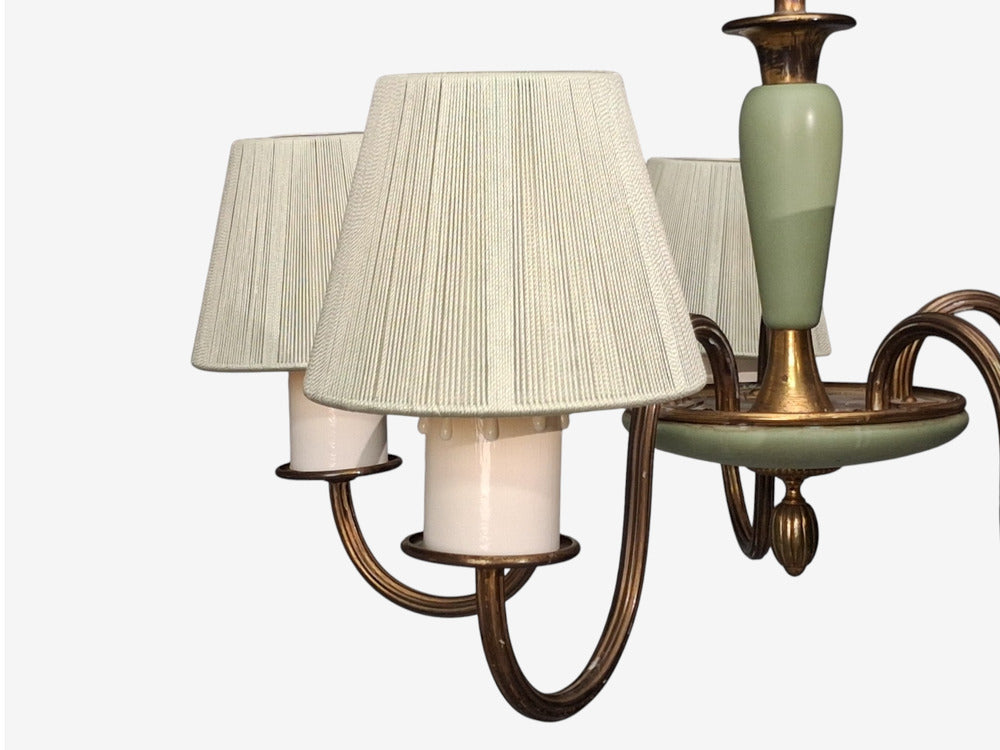 Nordiska Kompaniet, Chandelier, Green Lacquered Wood, Brass, Sweden, 1950s