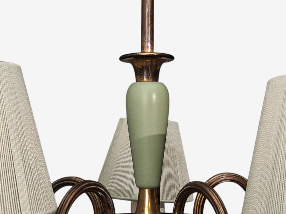 Nordiska Kompaniet, Chandelier, Green Lacquered Wood, Brass, Sweden, 1950s