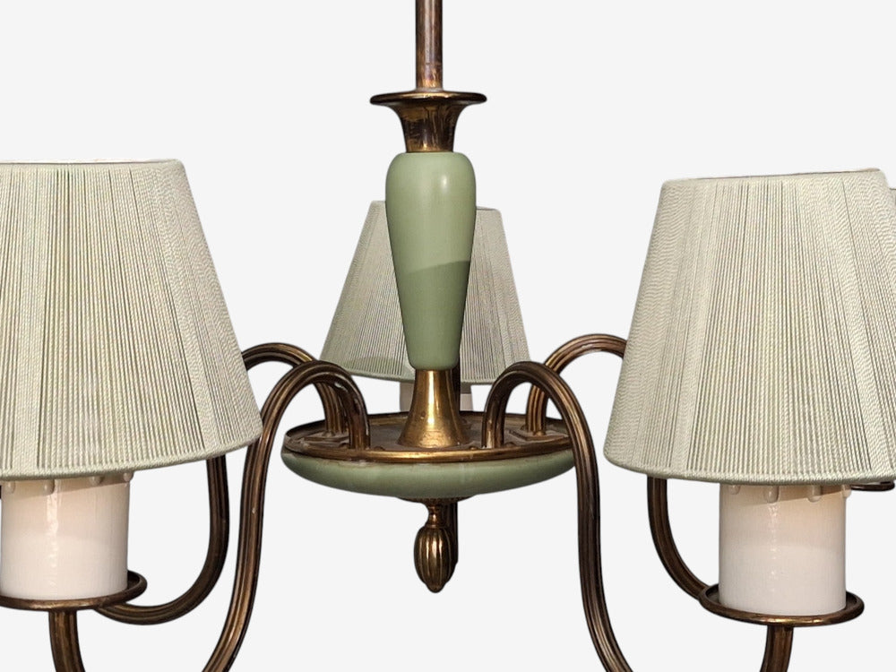 Nordiska Kompaniet, Chandelier, Green Lacquered Wood, Brass, Sweden, 1950s