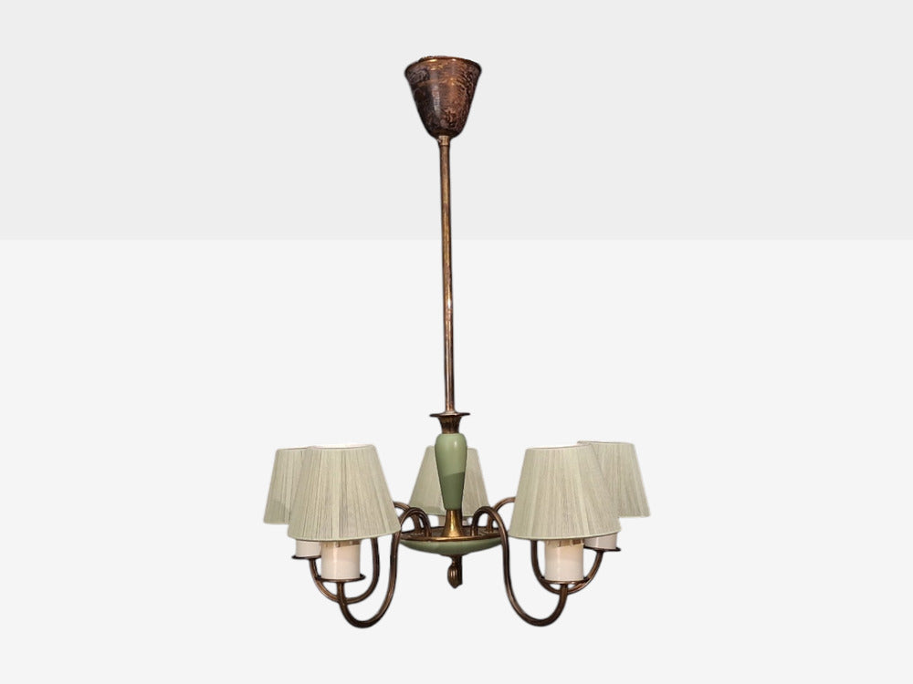 Nordiska Kompaniet, Chandelier, Green Lacquered Wood, Brass, Sweden, 1950s